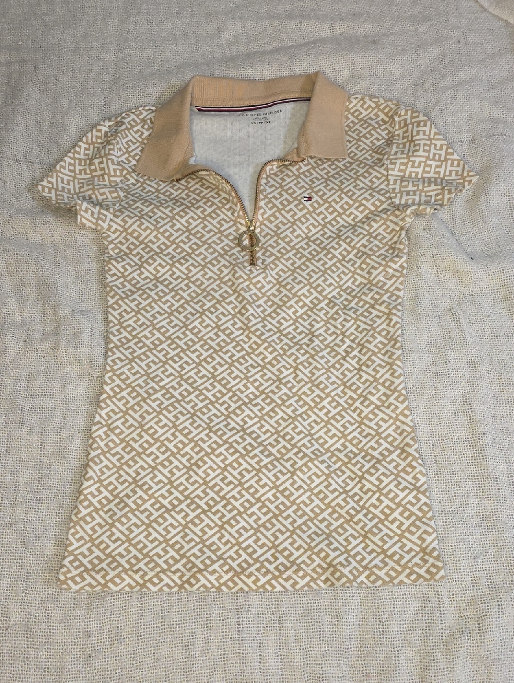 Tommy Hilfiger Beige & White Geometric Polo Dress with Zip